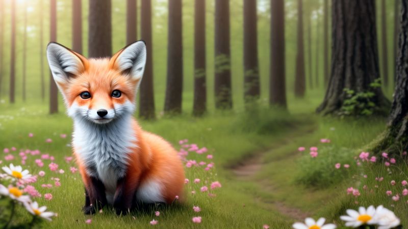 Cute fox, AI art, Surreal, Forest, Wallpaper