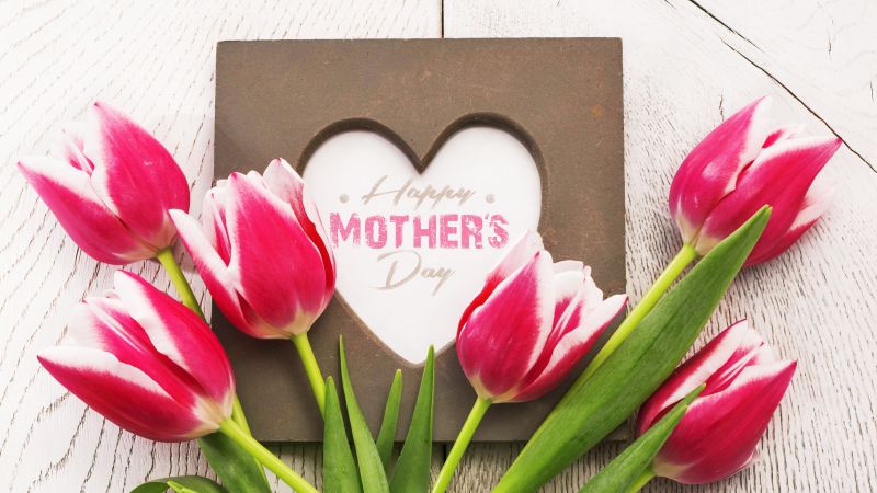 Happy Mother's Day, Tulips, Wooden background, Love heart, 5K, Wallpaper
