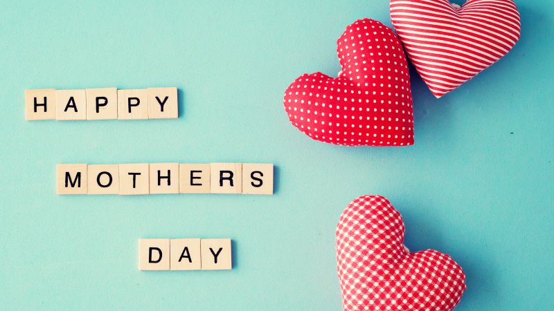 Happy Mother's Day, Cyan background, Love hearts, Pink hearts, 5K, Wallpaper