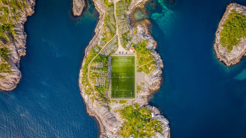 Henningsvaer Stadium, Soccer field, Norway, Aerial view, Wallpaper