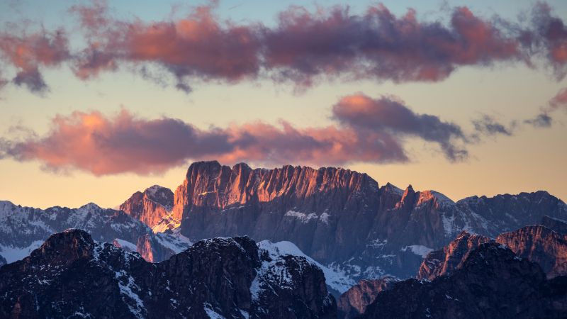 Dolomite mountains, Sunset, Mountain range, Dolomites, 5K, Wallpaper