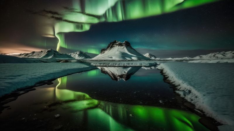 Aurora Borealis, Winter, Mountain, Northern Lights, Reflections, 5K, 8K, Wallpaper