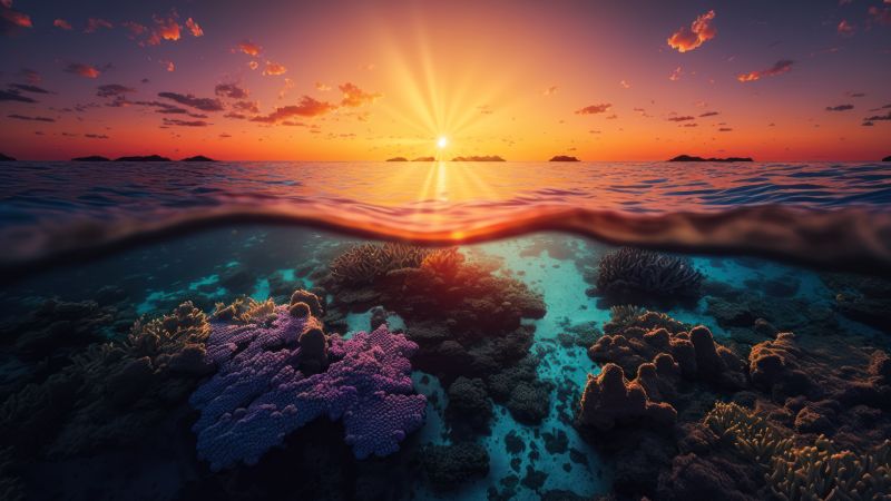Sunset, Underwater, Coral reef, Seascape, 5K, 8K, AI art, Wallpaper