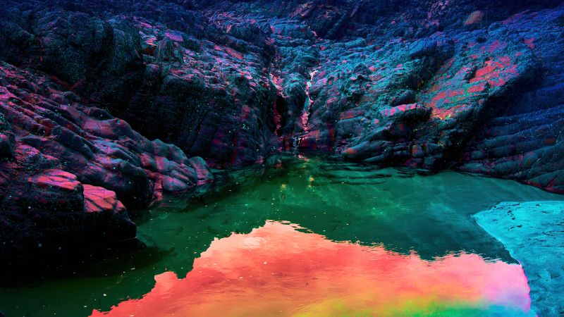 Cliff, Body of Water, Infrared Photography, Neon, Landscape, Wallpaper