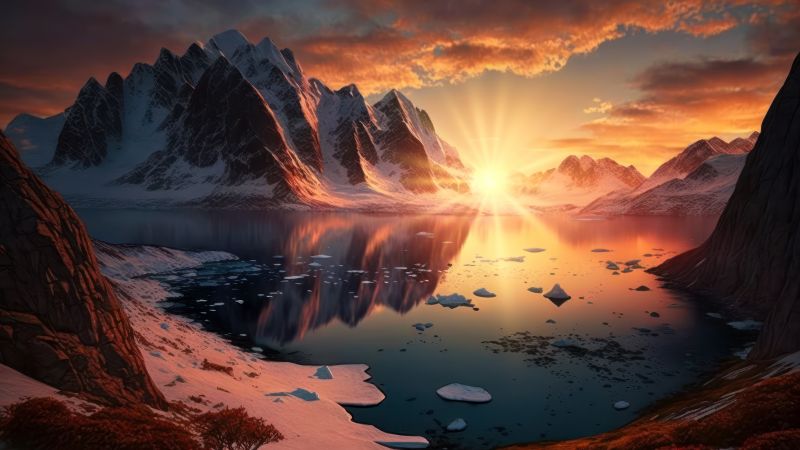 Sunset, Arctic, Mountains, Lake, AI art, Landscape, Reflection, Scenic, 5K, 8K, Wallpaper