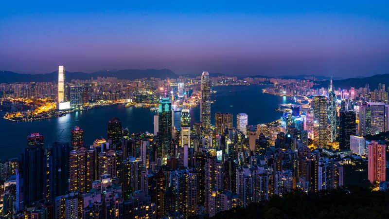 Victoria Harbour, Hong Kong City Skyline, Blue hour, Twilight, City lights, Sunset, 5K, Wallpaper