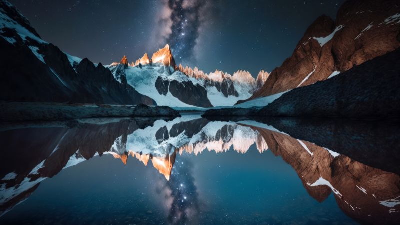 Mountains, Milky Way, Scenery, AI art, Lake, Night, 5K, 8K, Wallpaper