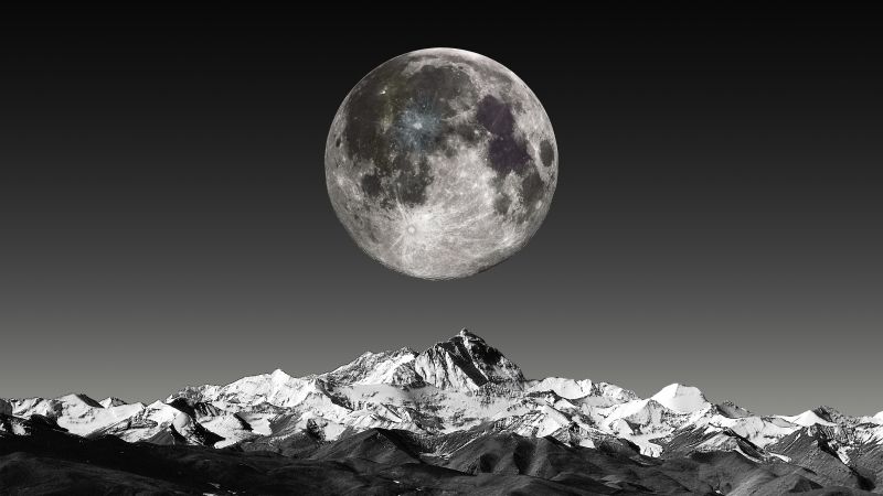 Moon, 5K, Mountains, Monochrome, 8K, Black and White, Wallpaper