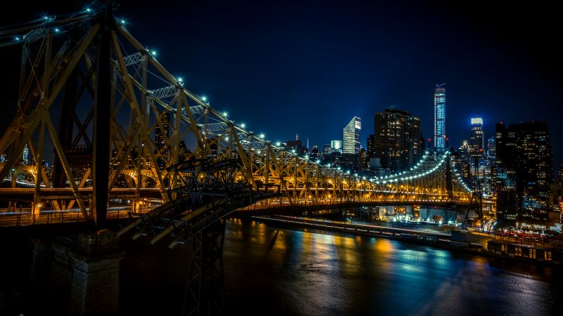 Queensboro Bridge, New York City, Cantilever bridge, City lights, Night City, USA, United States, Manhattan, Queens, Wallpaper