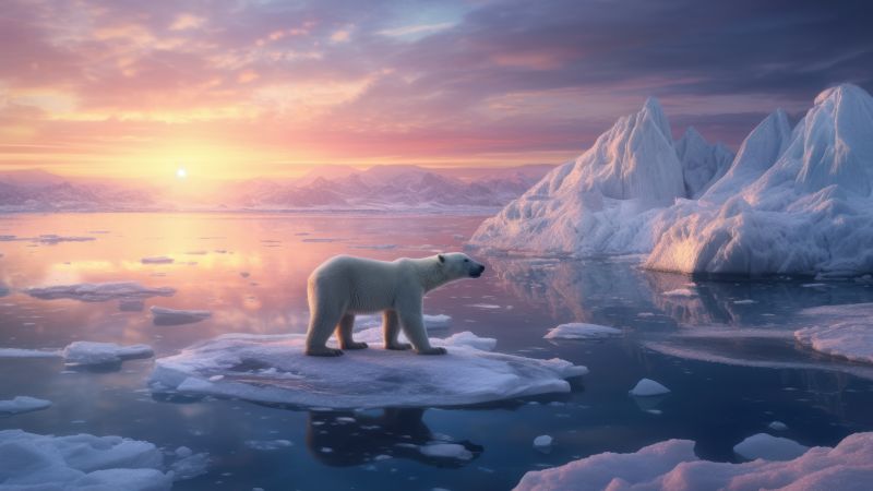 Sunrise, Polar bear, Ice bergs, Surreal, Aesthetic, 5K, 8K, Wallpaper