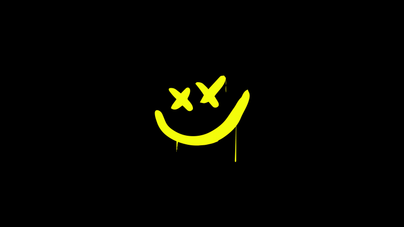 Drippy smiley, Yellow smiley, Black background, 5K, 8K, Simple, Wallpaper