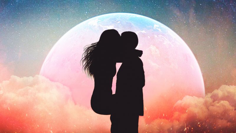 Romantic kiss, Silhouette, Moon, Lovers, Sunset, Couple, Wallpaper