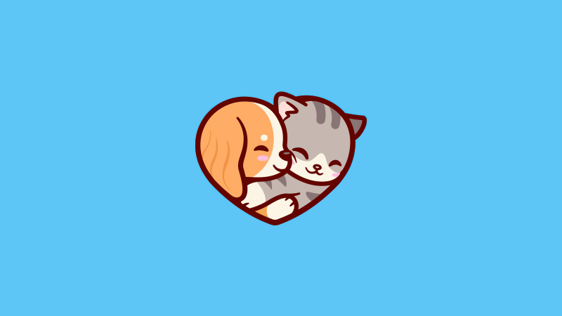 Puppy, Kitten, Love heart, Blue background, 5K, Simple, Wallpaper