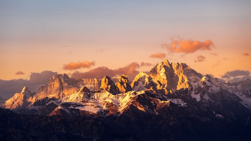 Dolomite mountains, Alps, Sunrise, Mountain range, 5K, Golden hour, Wallpaper