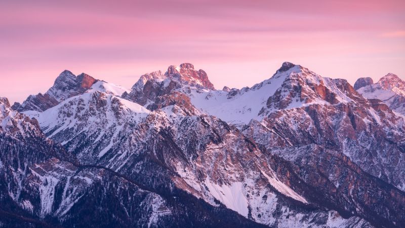 Dolomites, Kronplatz mountain, Italy, Pink sky, Sunrise, Dawn, 5K, Wallpaper