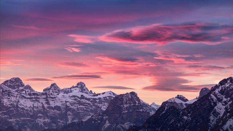 Alps mountains, Dolomites, Sunset, Dusk, Pink sky, 5K, Wallpaper