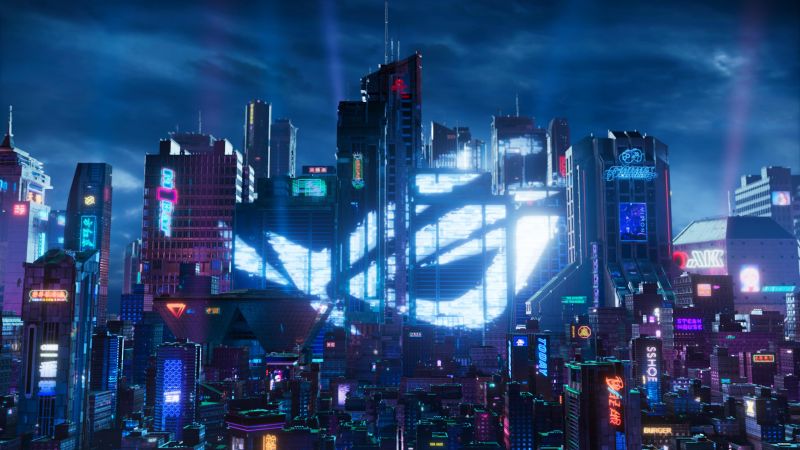 ASUS ROG, Futuristic city, Cyberpunk, Wallpaper