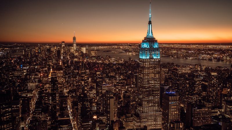New York City, Empire State Building, Cityscape, City lights, Sunset, 5K, Wallpaper