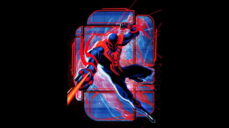 Spider-Man 2099, Spider-Man: Across the Spider-Verse, 5K, 2023 Movies, Marvel Comics, Black background, AMOLED, Spiderman, Wallpaper