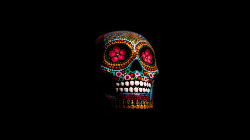Skull, Multicolor, Black background, 5K, 8K, Wallpaper