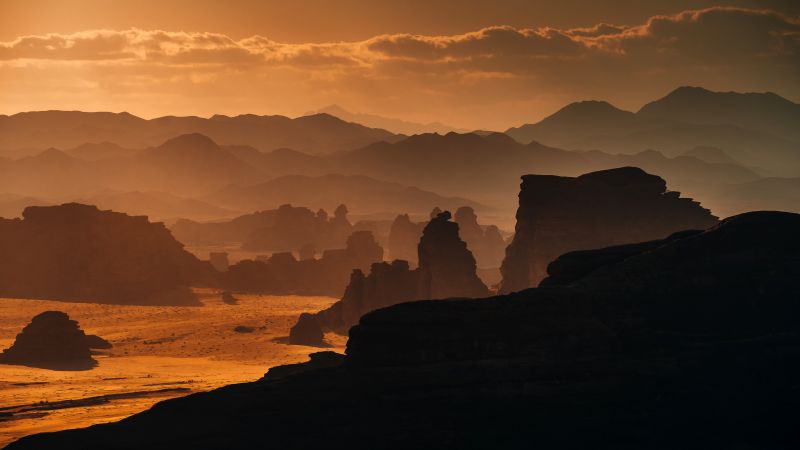 Rock formations, Hisma Desert, NEOM, Saudi Arabia, 5K, 8K, Sunset, Wallpaper
