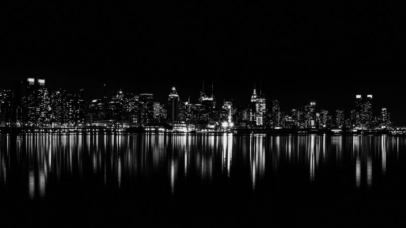 New York, 5K, Night City, Dark aesthetic, Reflection, City lights, Wallpaper