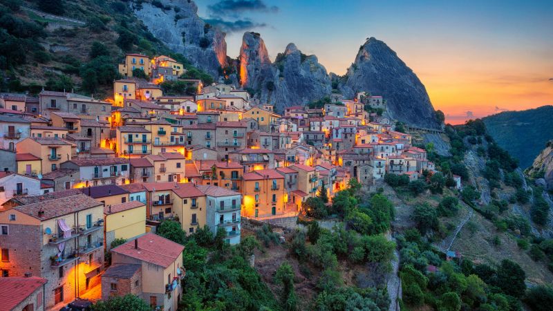 Castelmezzano, Basilicata, Italy, Dolomiti lucane, Mountains, Night lights, Sunset, Wallpaper