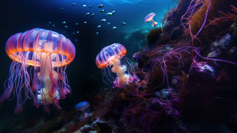 Jellyfishes, Coral reef, Surreal, AI art, Ocean, Underwater, Bioluminescence