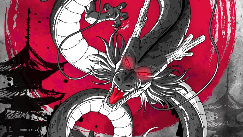 Shenron, Dragon, Japanese culture, Red moon, Digital Art, Wallpaper