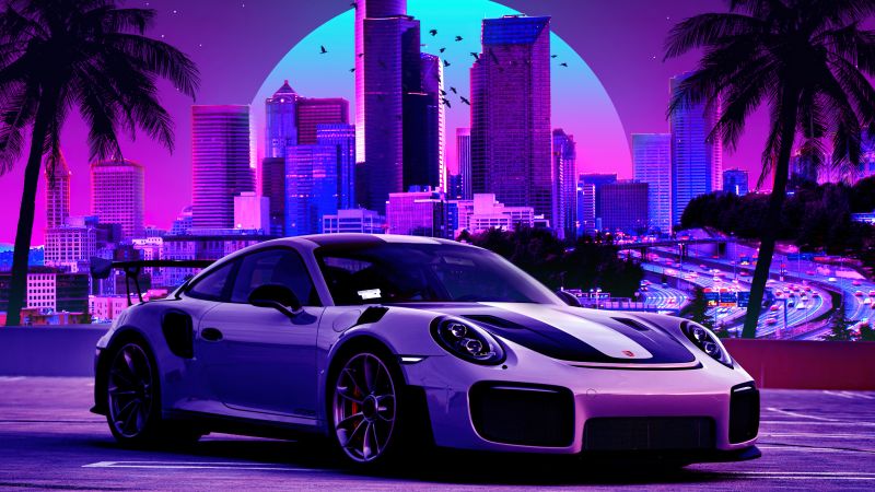 Porsche 911 GT2, Retro, Synthwave, Neon, Cityscape, Vaporwave, Cyberpunk, Outrun, Wallpaper