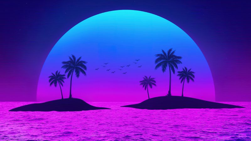 Tropical, Islands, Palm trees, Sunset, Neon, Pink aesthetic, Ethereal, Wallpaper