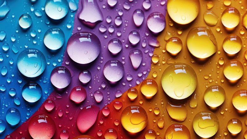 Water drops, Colorful background, Macro, 5K, Droplets, Aesthetic, Wallpaper