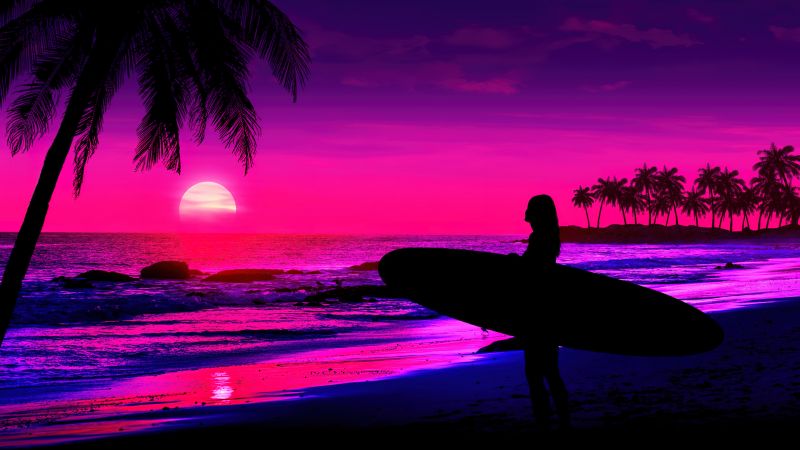 Tropical beach, AI art, Sunset, Girl, Pink aesthetic, Wallpaper