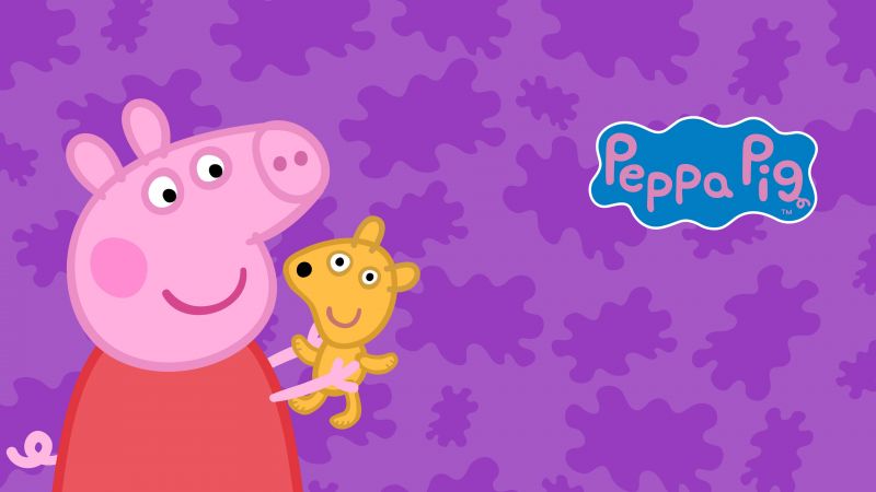 Peppa Pig, Teddy, Purple background, Cartoon, Wallpaper