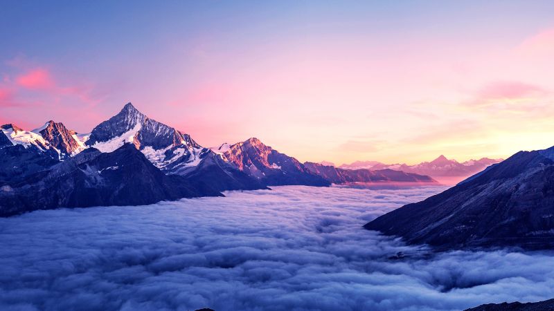 Mountain Peak, Above clouds, Sunrise, Wallpaper