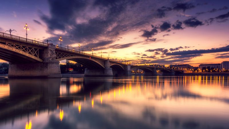 Margaret Bridge, Budapest, Hungary, Night, Sunset, Wallpaper