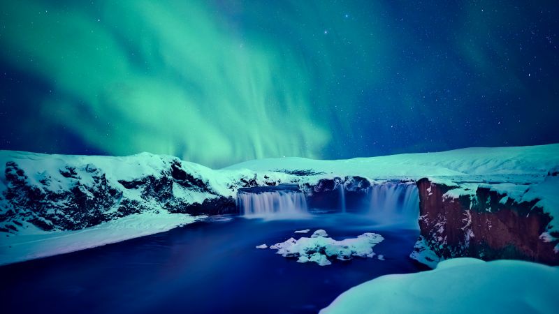 Snow covered, Godafoss waterfall, Winter, Iceland, Aurora sky, Night, Wallpaper