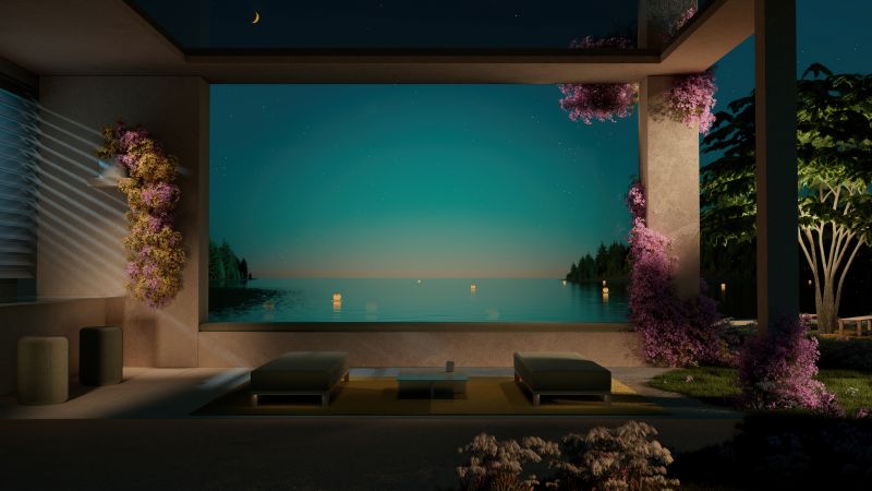 Ocean view, Resort, Aesthetic, Outdoor, Contemporary, Night, 5K, Wallpaper