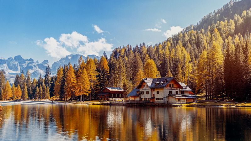 Lake Nambino, Italy, House, Fall, Alps, Wallpaper