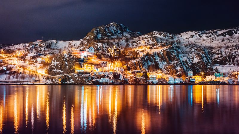 Newfoundland, Island, Canada, Night lights, Reflections, Lake, Wallpaper