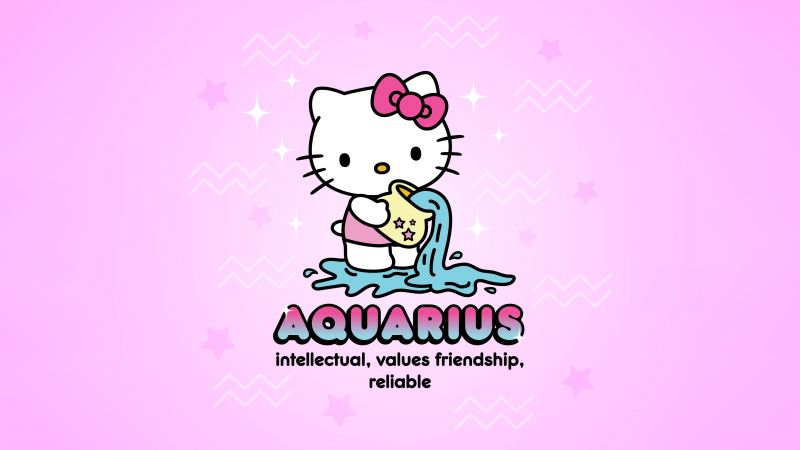 Aquarius, Hello Kitty, Zodiac sign, Lavender background, 5K, Sanrio, Wallpaper