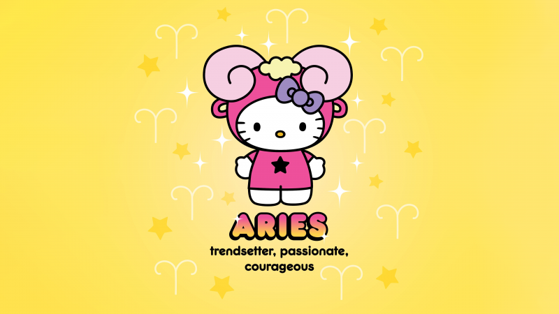 Aries, Hello Kitty, Zodiac sign, Yellow aesthetic, Trendy, Passion, Courage, 5K, Wallpaper