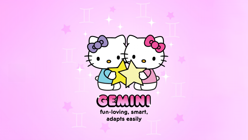Gemini, Hello Kitty, Zodiac sign, Smart, 5K, Pink aesthetic, Sanrio, Wallpaper
