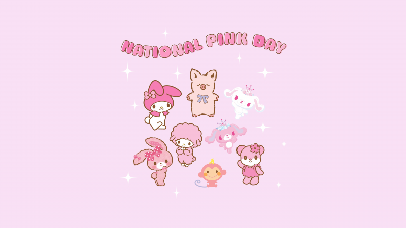 National Pink Day, Hello Kitty, Kuromi, My Melody, Pompompurin, Cinnamoroll, Gudetama, Pochacco, Pink background, Sanrio, Wallpaper