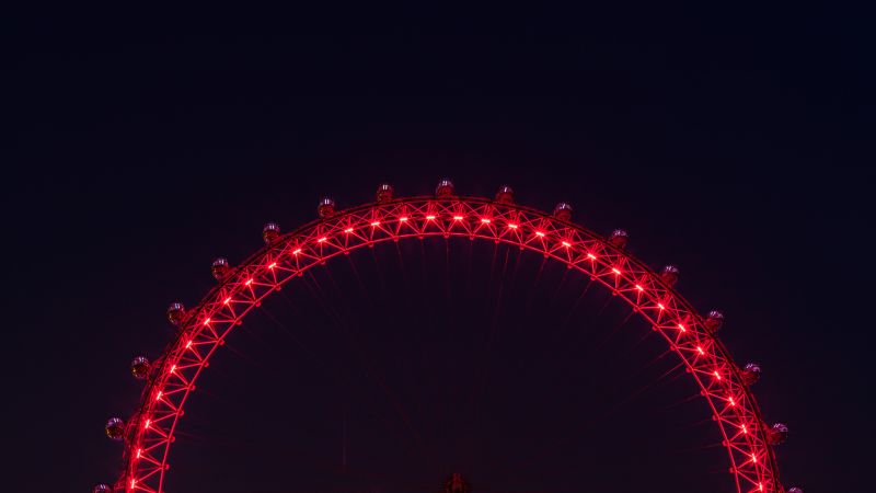 London Eye, Ferris wheel, Tourist attraction, Night, Illuminated, 5K, Wallpaper