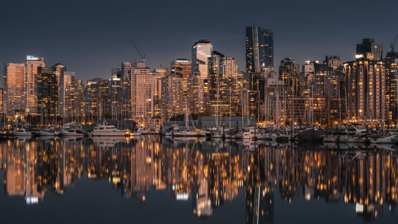 Vancouver City, Harbor, Night lights, Cityscape, Reflections, Nightscape, 5K, 8K, Wallpaper