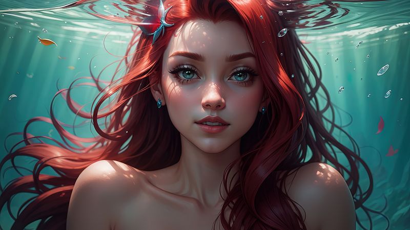 Ariel (Disney Princess), AI art, Underwater, Mermaid, Beautiful girl, Wallpaper