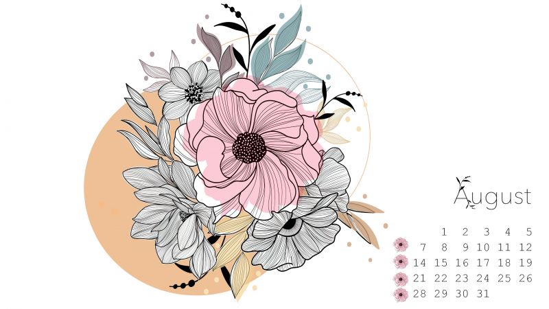 2023, August Calendar, Floral, Illustration, Simple, Wallpaper