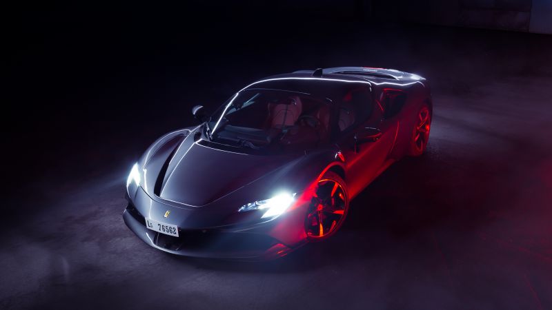 Ferrari SF90 Stradale, Supercar, Hybrid cars, 5K, Dark background, Wallpaper