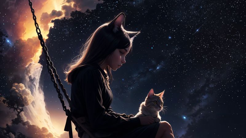 Cute Girl, Kitten, Dream, Surreal, Night sky, Wallpaper